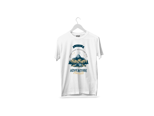 Adventure Awaits Printed White Half Sleeve Cotton T-Shirt.