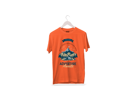 Adventure Awaits Printed Orange Half Sleeve Cotton T-Shirt.