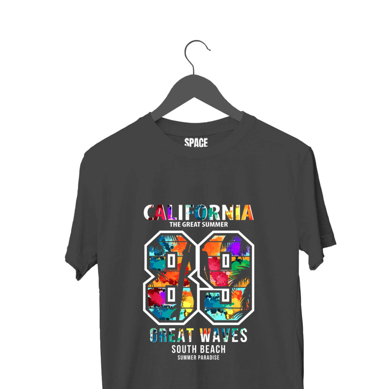 California 89 Printed Black Half Sleeve Cotton T-Shirt.