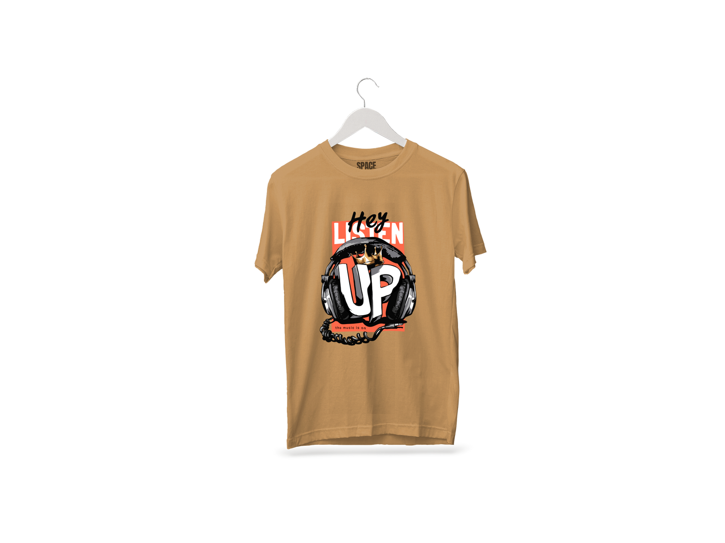 Hey Listen Up Printed Beige Half Sleeve Cotton T-Shirt.