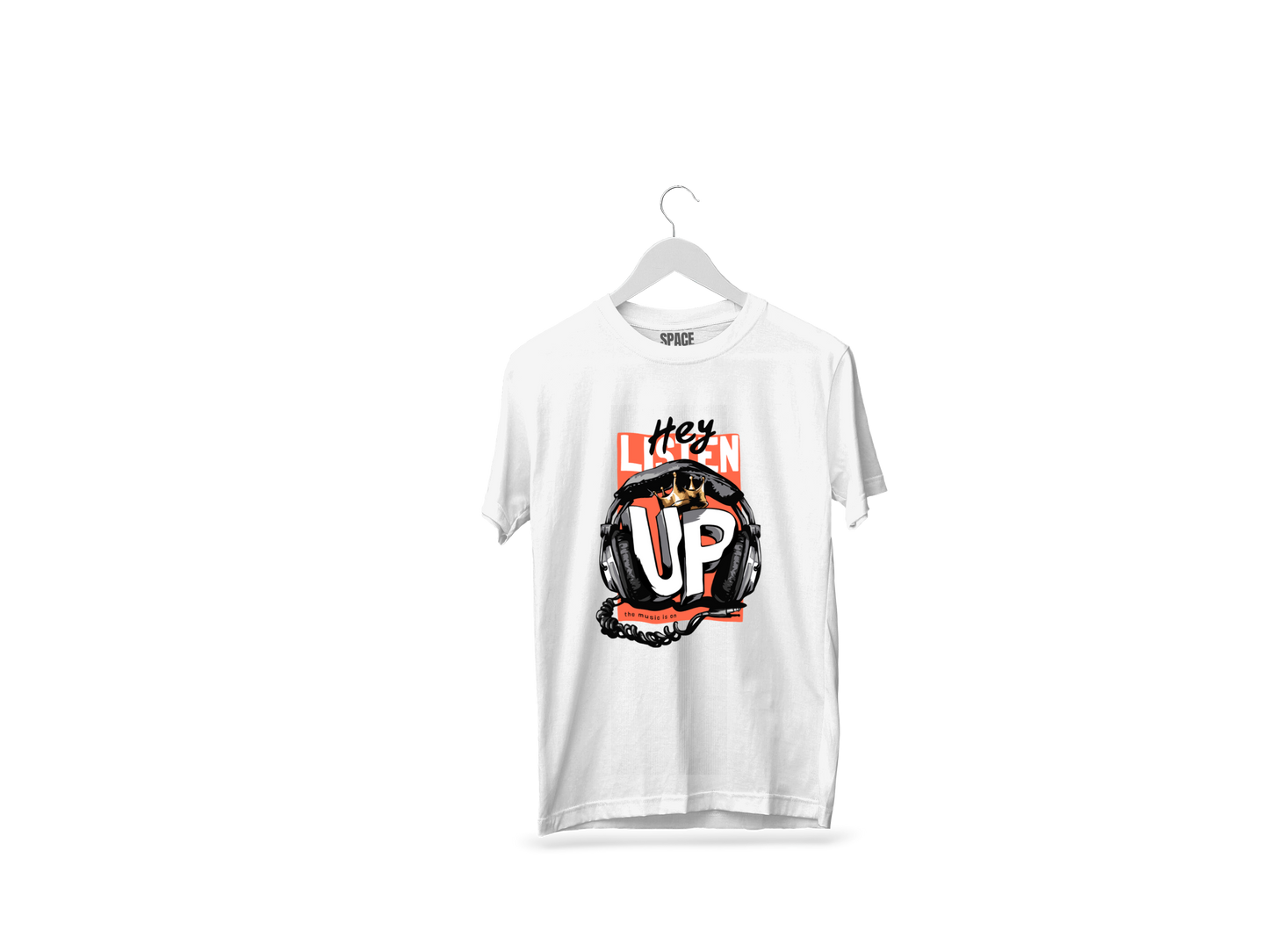 Hey Listen Up Printed White Half Sleeve Cotton T-Shirt.