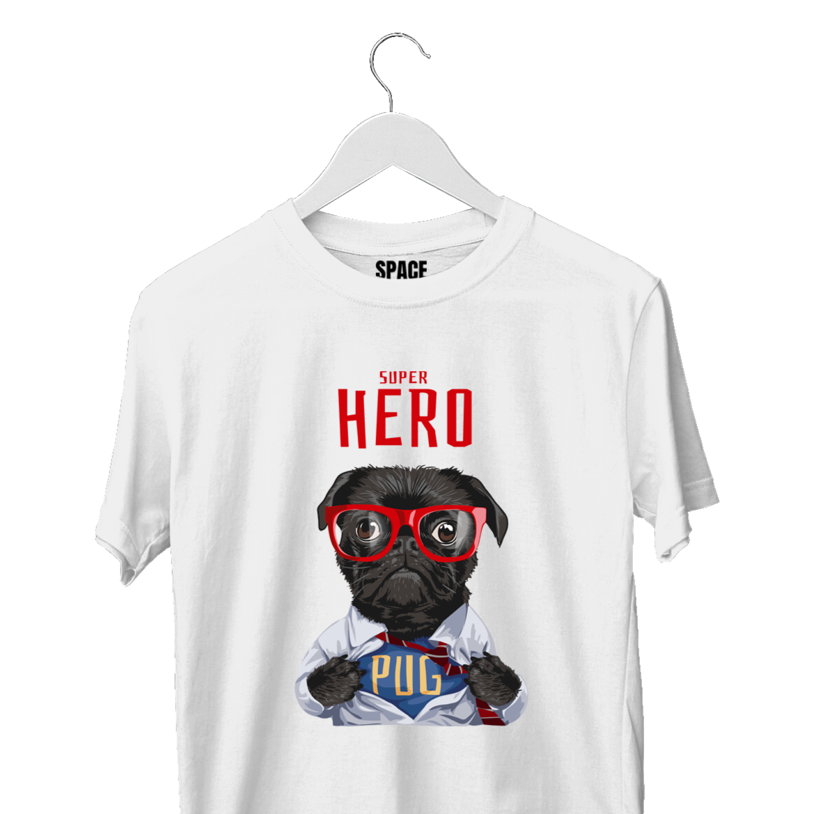 Super Hero Pug Printed White Half Sleeve Cotton T-Shirt.