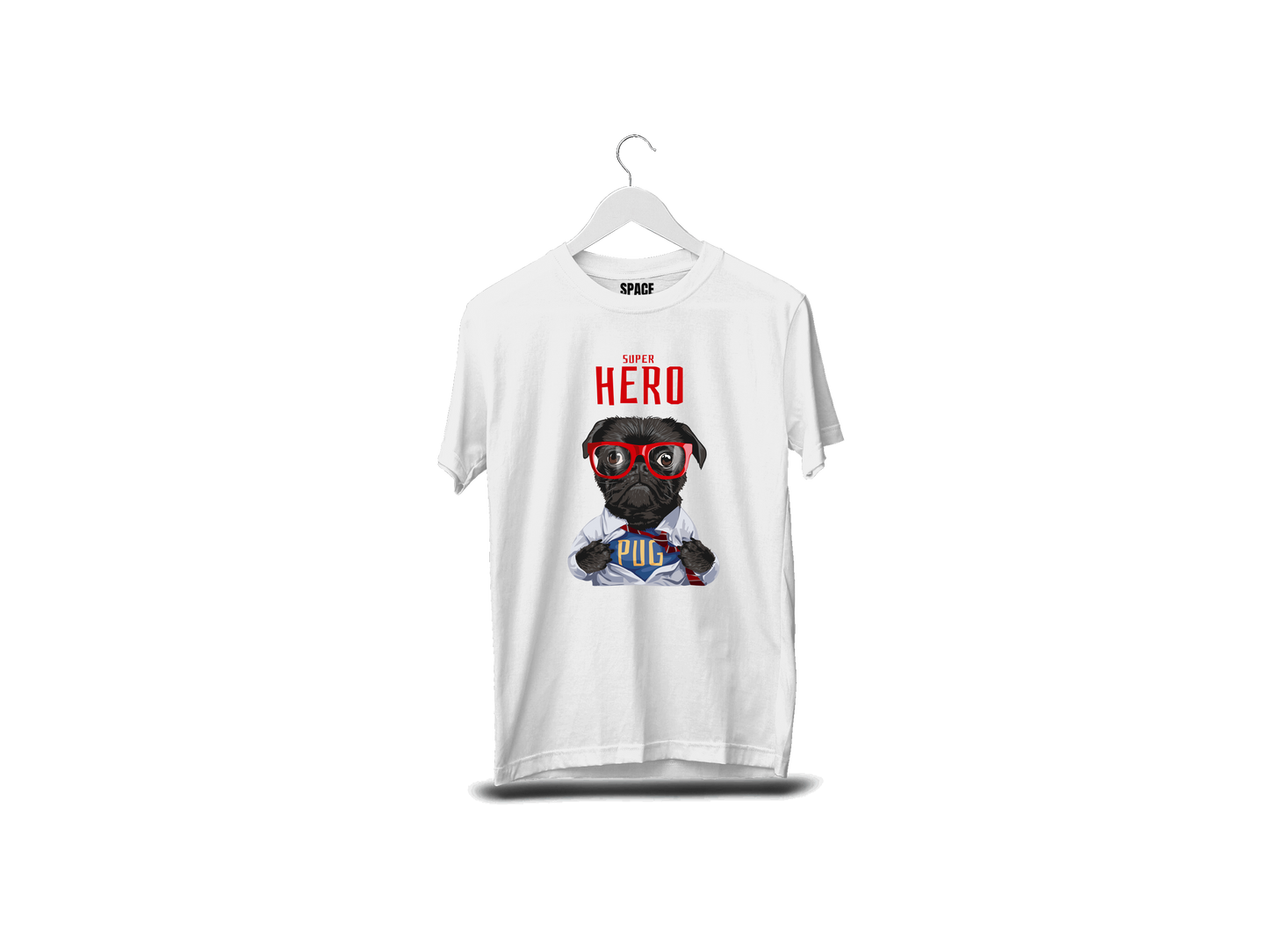 Super Hero Pug Printed White Half Sleeve Cotton T-Shirt.