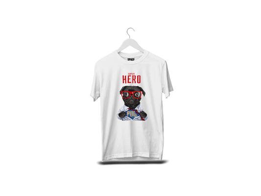 Super Hero Pug Printed White Half Sleeve Cotton T-Shirt.